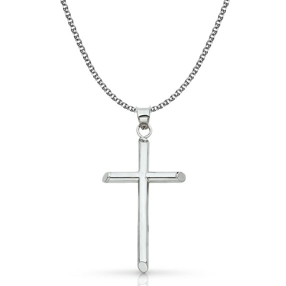 Ioka-14K White Gold Classic Cross Pendant with 1.4mm Flat Open Wheat Chain Chain Necklace - 16"