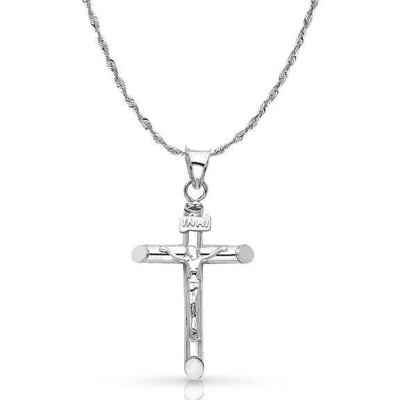 Ioka-14K White Gold Crucifix Cross Pendant with 2mm Rope Chain Chain Necklace - 16"