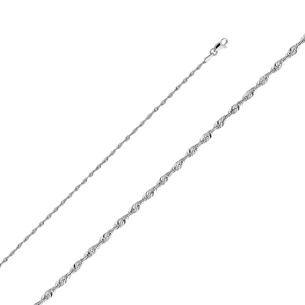 Ioka - 14K White Solid Gold 2mm Rope Chain Necklace with Lobster Clasp - 22"