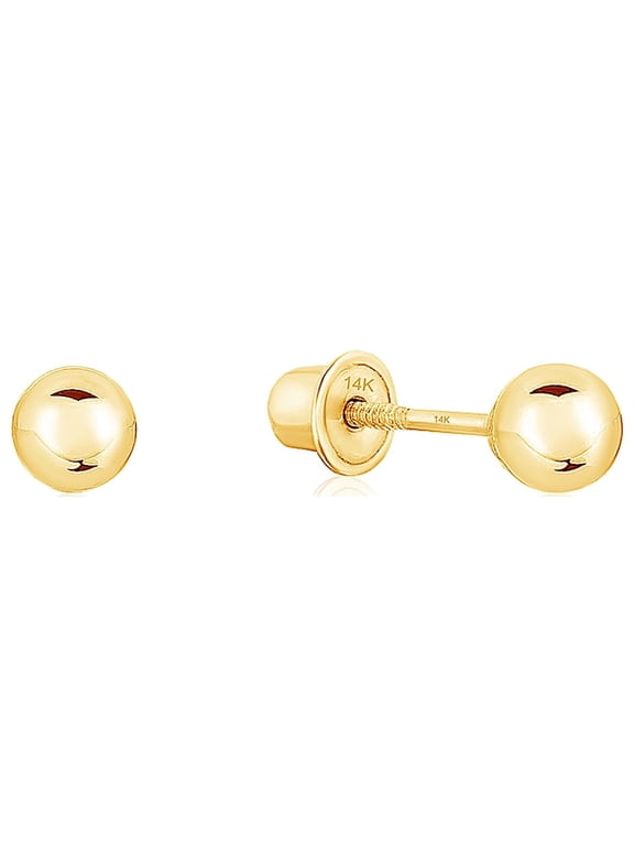 - 14K Yellow 4MM Gold Round Plain Bead Ball Stud Screw Back Earrings