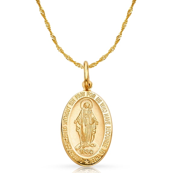 Ioka-14K Yellow Gold 1830 Our Lady of Guadalupe Charm Pendant with 0.9mm Singapore Chain Necklace - 20"
