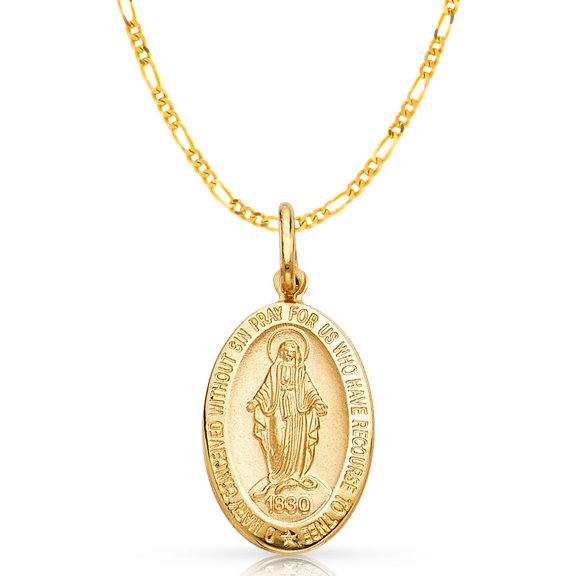 Ioka-14K Yellow Gold 1830 Our Lady of Guadalupe Charm Pendant with 1.9mm Figaro 3+1 Chain Necklace - 16"