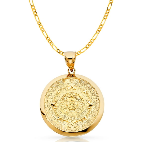 Ioka-14K Yellow Gold Calendario Azteca Charm Pendant with 3.9mm Figaro 3+1 Chain Necklace - 18"