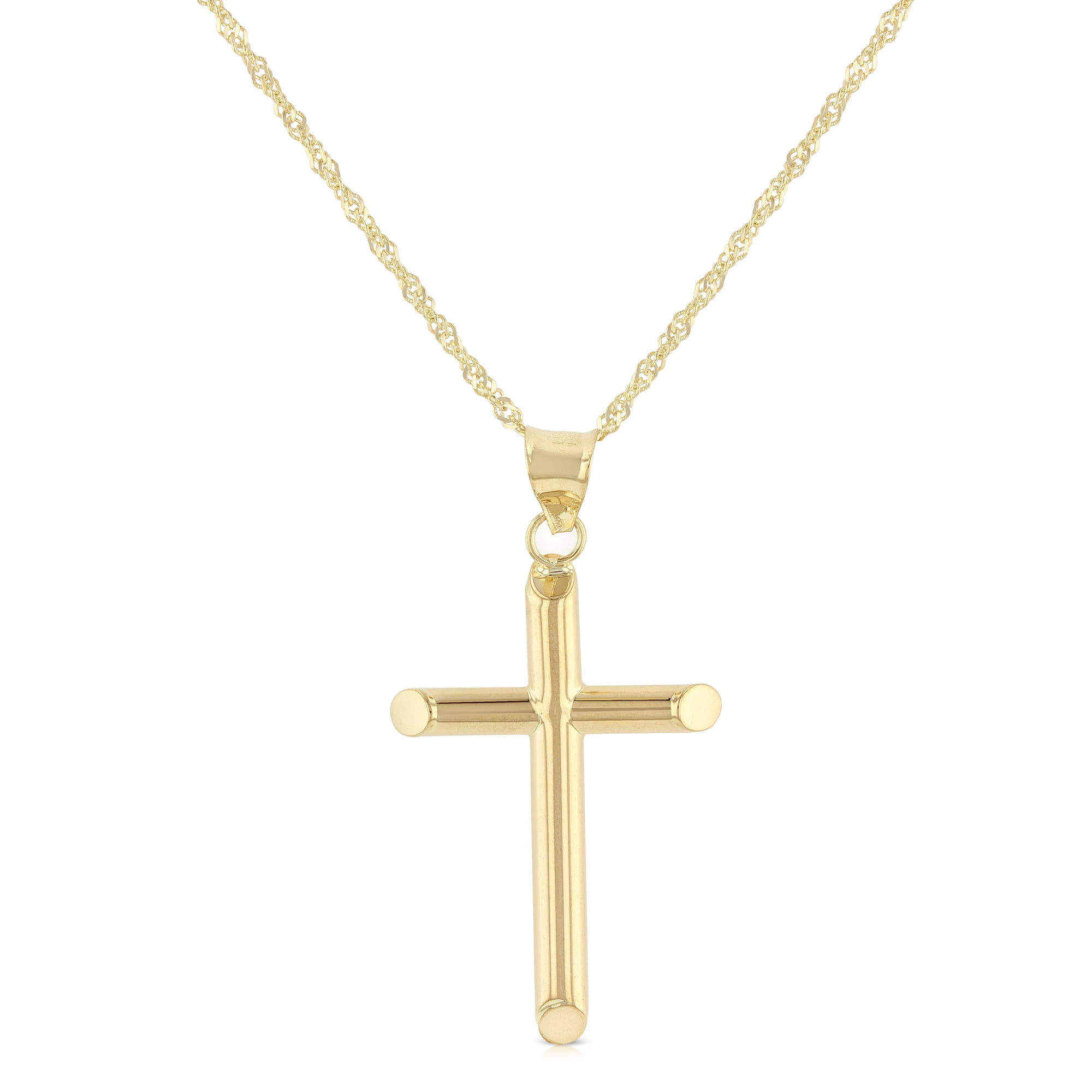 Ioka-14K Yellow Gold Classic Cross Pendant with 1.2mm Singapore Chain Chain Necklace - 16"