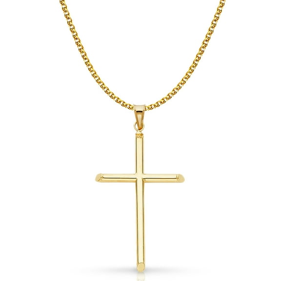 Ioka-14K Yellow Gold Classic Cross Pendant with 1.7mm Flat Open Wheat Chain Chain Necklace - 16"