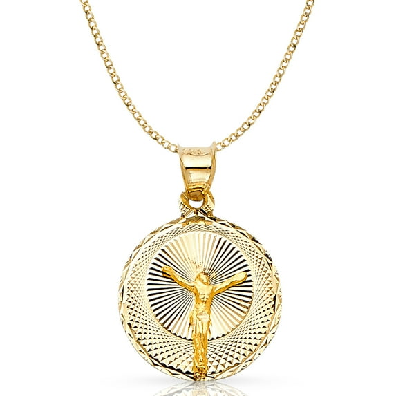 Ioka-14K Yellow Gold Diamond Cut Jesus Stamp Charm Pendant with 2.3mm Hollow Cuban Chain Necklace - 22"