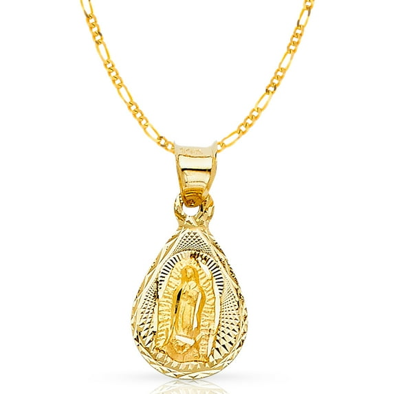 Ioka-14K Yellow Gold Diamond Cut Our Lady of Guadalupe Stamp Charm Pendant with 1.2mm Figaro 3+1 Chain Necklace - 22"