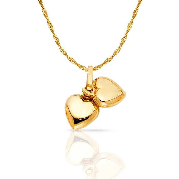 Ioka-14K Yellow Gold Double Plain Heart Charm Pendant with 0.9mm Singapore Chain Necklace - 18"