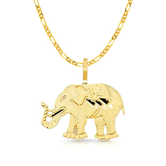 Ioka-14K Yellow Gold Elephant Charm Pendant with 2.3mm Figaro 3+1 Chain Necklace - 16"