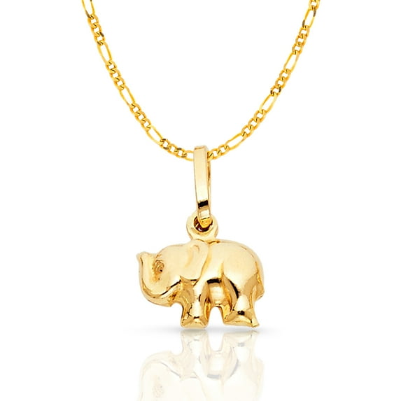 Ioka-14K Yellow Gold Elephant Strength & Luck Charm Pendant with 1.2mm Figaro 3+1 Chain Necklace - 16"
