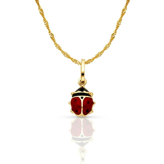 Ioka-14K Yellow Gold Lady Bug Colored Enamel Lucky Charm Pendant with 0.9mm Singapore Chain Necklace - 18"