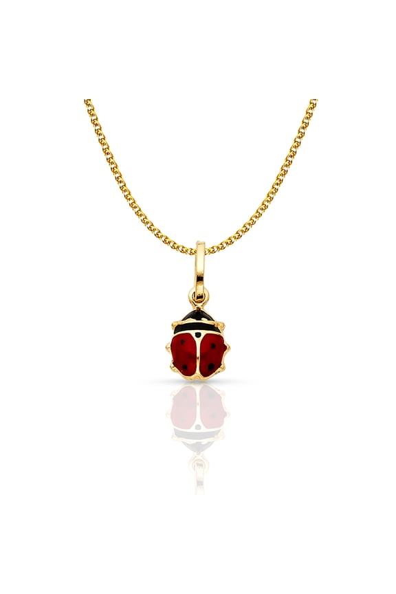 -14K Yellow Gold Lady Bug Colored Enamel Lucky Charm Pendant with 1.2mm Flat Open Wheat Chain Necklace - 16"