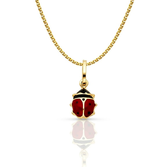 Ioka-14K Yellow Gold Lady Bug Colored Enamel Lucky Charm Pendant with 1.2mm Flat Open Wheat Chain Necklace - 18"