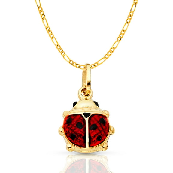 Ioka-14K Yellow Gold Lady Bug Colored Enamel Lucky Charm Pendant with 1.9mm Figaro 3+1 Chain Necklace - 16"