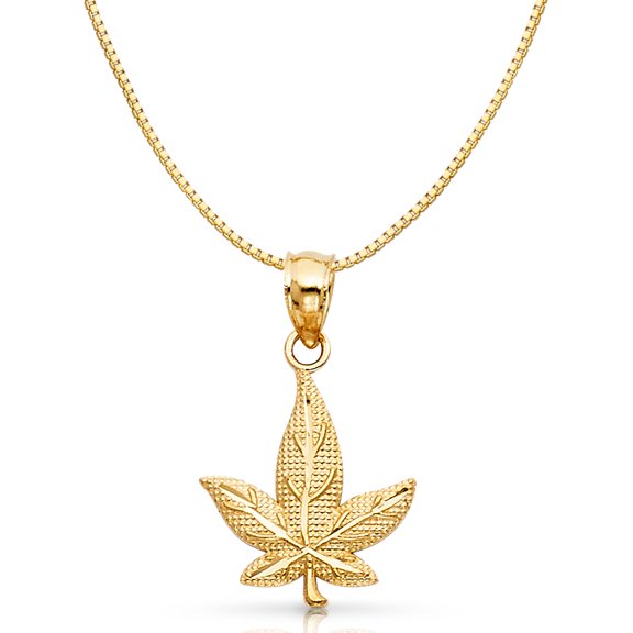 Ioka-14K Yellow Gold Marijuana Leaf Charm Pendant with 0.8mm Box Chain Necklace - 16"