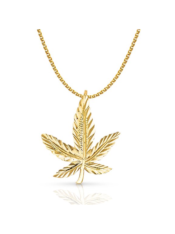 -14K Yellow Gold Marijuana Leaf Charm Pendant with 1.4mm Flat Open Wheat Chain Necklace - 18"
