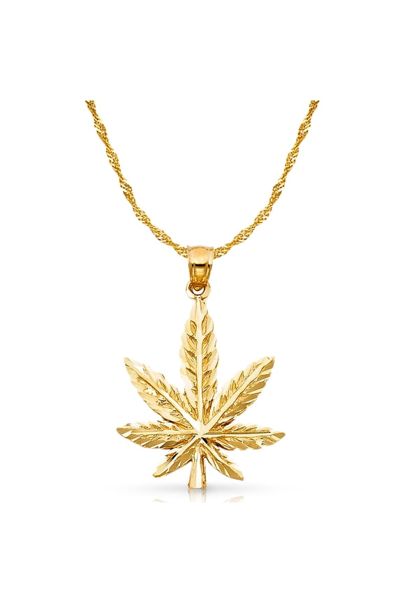 -14K Yellow Gold Marijuana Leaf Charm Pendant with 1.5mm Singapore Chain Necklace - 20"