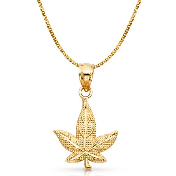 Ioka-14K Yellow Gold Marijuana Leaf Charm Pendant with 1.7mm Flat Open Wheat Chain Necklace - 16"