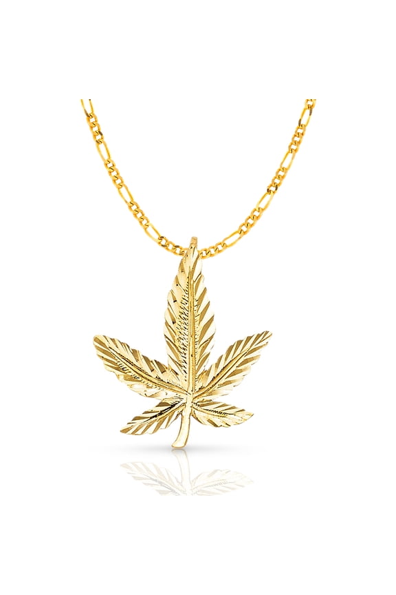 -14K Yellow Gold Marijuana Leaf Charm Pendant with 1.9mm Figaro 3+1 Chain Necklace - 18"