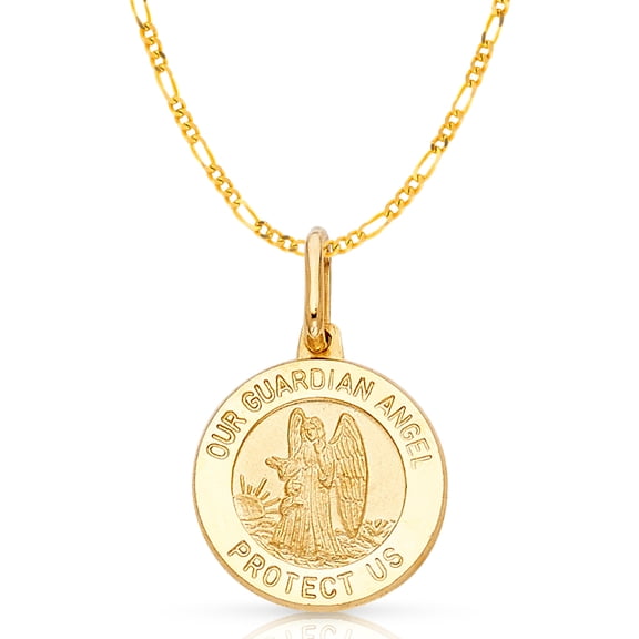 Ioka-14K Yellow Gold Our Guardian Angel Protect Us Charm Pendant with 1.9mm Figaro 3+1 Chain Necklace - 22"