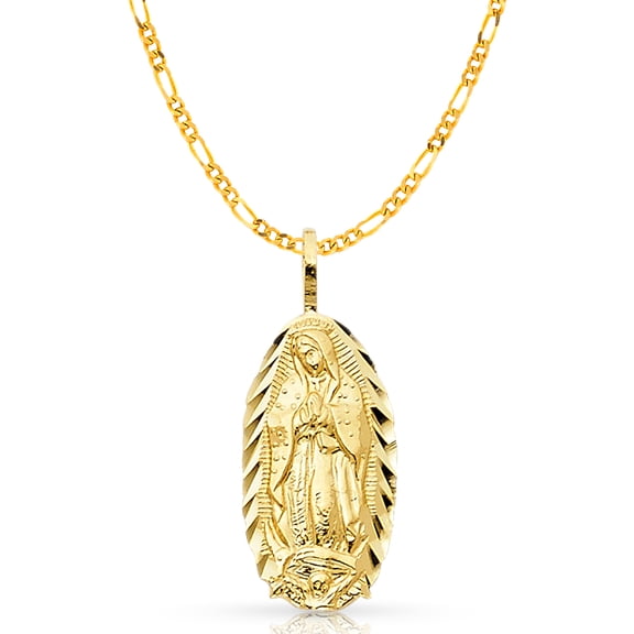 Ioka-14K Yellow Gold Our Lady of Guadalupe Charm Pendant with 1.9mm Figaro 3+1 Chain Necklace - 16"