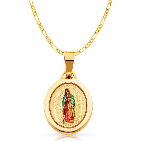 Ioka-14K Yellow Gold Our Lady of Guadalupe Enamel Picture Charm Pendant with 1.9mm Figaro 3+1 Chain Necklace - 22"
