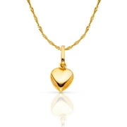 IOKA 14K Yellow Gold Plain Heart Charm Pendant with 0.9mm Singapore Chain Necklace - 16"