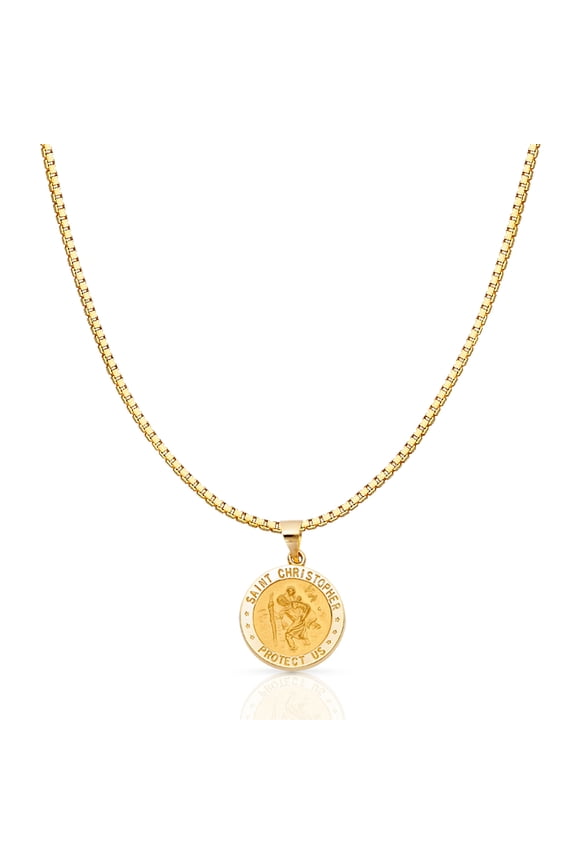 -14K Yellow Gold Religious St. Christopher Charm Pendant with 1mm Box Chain Necklace - 18"