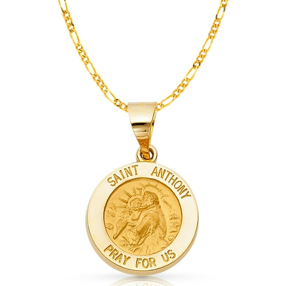 Ioka-14K Yellow Gold St. Anthony Charm Pendant with 1.9mm Figaro 3+1 Chain Necklace - 22"