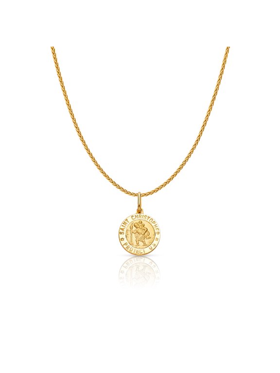-14K Yellow Gold St. Christopher Protect Us Charm Pendant with 1.1mm Wheat Chain Necklace - 16"