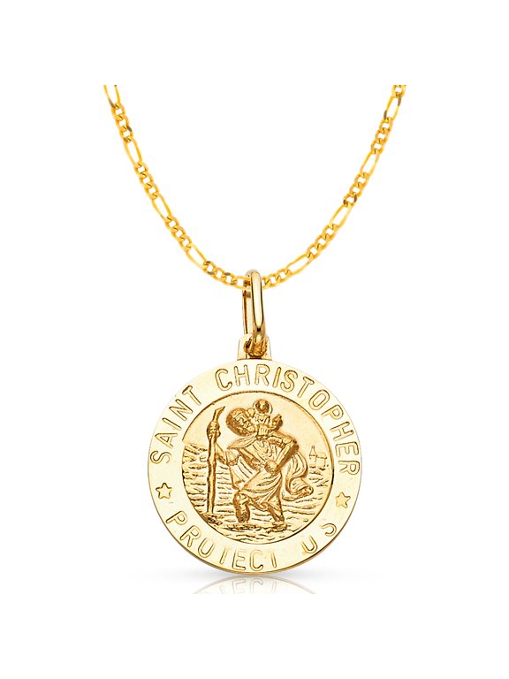 -14K Yellow Gold St. Christopher Protect Us Charm Pendant with 2.3mm Figaro 3+1 Chain Necklace - 22"