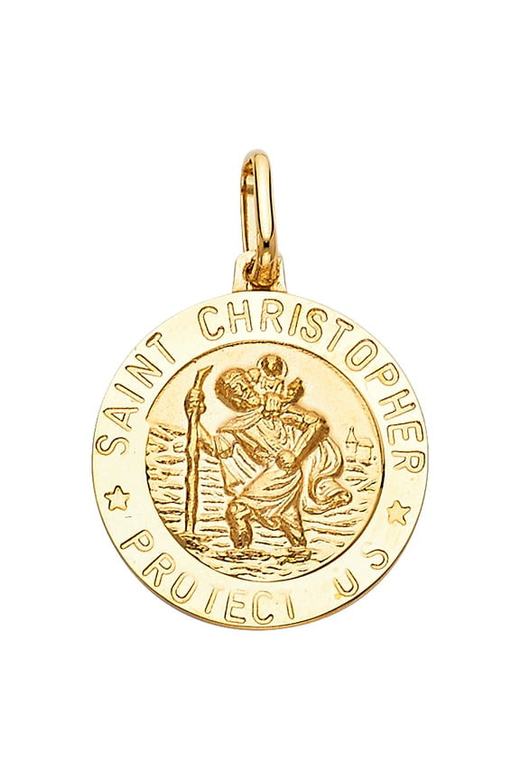 -14K Yellow Gold St. Christopher Protect Us Religious Charm Pendant For Necklace or Chain