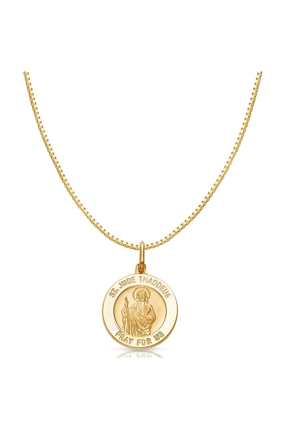 -14K Yellow Gold St. Jude Thaddeus Pray For Us Religious Charm Pendant with 0.8mm Box Chain Necklace - 20"