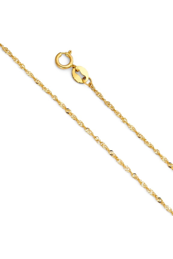 - 14K Yellow Solid Gold 0.9mm Singapore Chain Necklace with Spring Ring Clasp - 18"