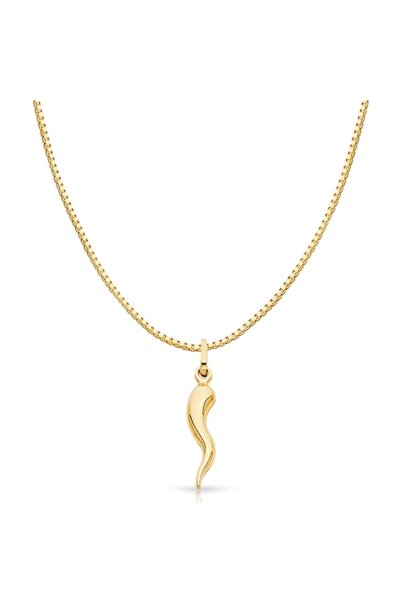 -14K Yellow Solid Gold Cornicello Italian Horn Fortune Charm Pendant with 1mm Box Chain Necklace - 16"
