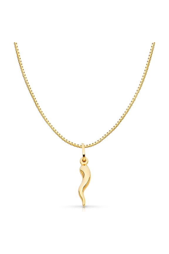 -14K Yellow Solid Gold Cornicello Italian Horn Fortune Charm Pendant with 1mm Box Chain Necklace - 24"