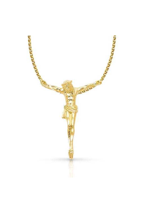 -14K Yellow Solid Gold Jesus Christ Body Charm Pendant with 1.7mm Flat Open Wheat Chain Necklace - 24"