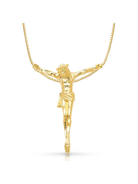 -14K Yellow Solid Gold Religious Jesus Christ Body Charm Pendant with 1mm Box Chain Necklace - 18"