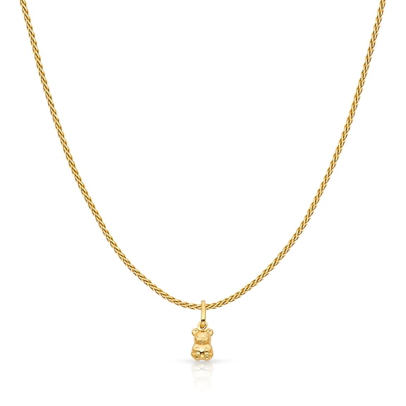 Ioka-14K Yellow Solid Gold Small Sitting Bear Charm Pendant with 0.9mm Wheat Chain Necklace - 16"