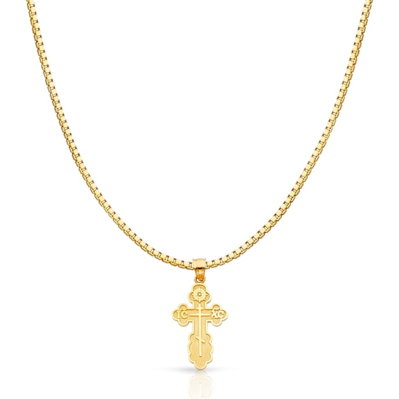 Ioka-14K Yellow Solid Gold St. Olga Greek Orthodox Baptismal Cross Religious Charm Pendant with 1.2mm Box Chain Necklace - 16"