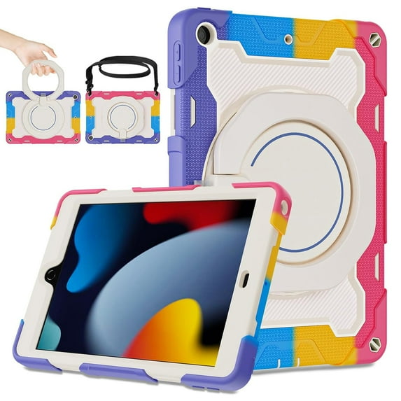 Iokmax Case for iPad 10.2 inch 9th/8th/7th Generation 2021/2020/2019 with 360 Kickstand Handle Shou lder Strap Heavy Duty Rugged Shockproof Protective Cover