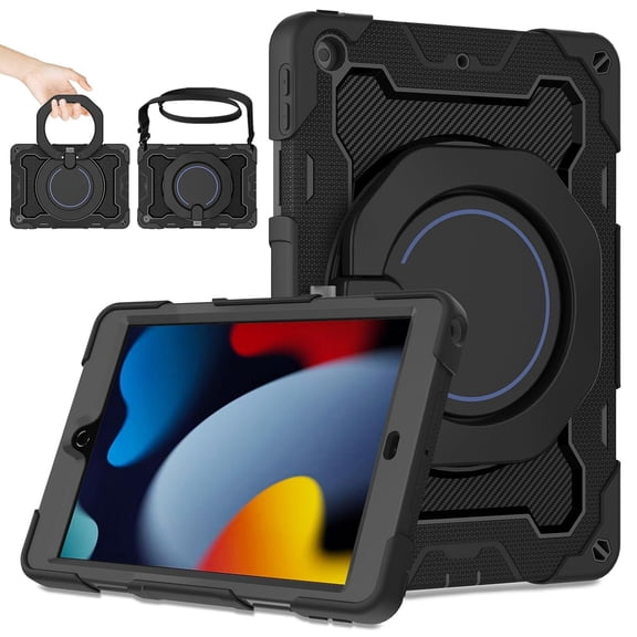 Iokmax Case for iPad 10.2 inch 9th/8th/7th Generation 2021/2020/2019 with 360 Kickstand Handle Shou lder Strap Heavy Duty Rugged Shockproof Protective Cover