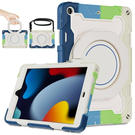 Iokmax Case for iPad 10.2 inch 9th/8th/7th Generation 2021/2020/2019 with 360 Kickstand Handle Shou lder Strap Heavy Duty Rugged Shockproof Protective Cover