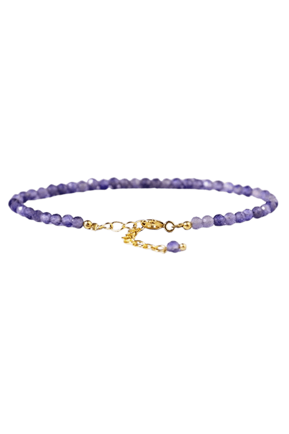 Iolite 3mm Round Shape Faceted Cut Beads 7 inch Adjustable Gold Plated Clasp Bracelet for men, women, unisex. Link Chain Stacking Bracelet.|LINK_03899