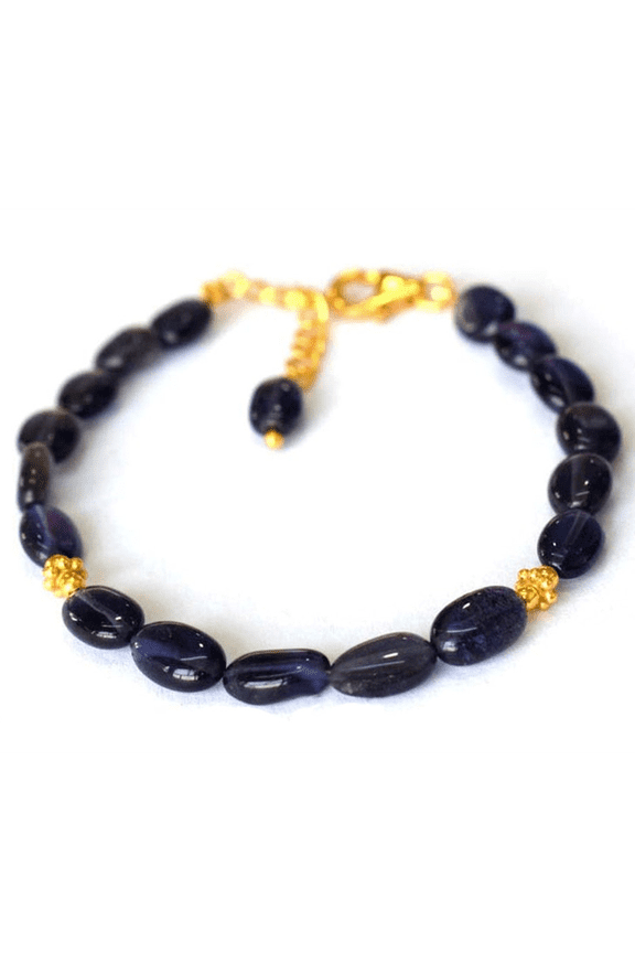 Iolite 5x7mm Oval Shape Smooth Cut Beads 7 inch Adjustable Gold Plated Clasp Bracelet for men, women, unisex. Link Chain Stacking Bracelet.|LINK_03836