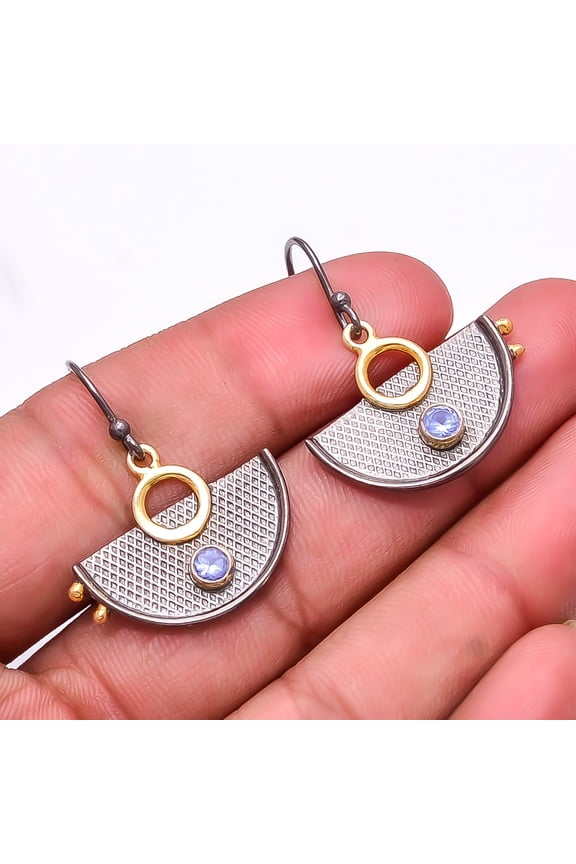 Iolite 925 Sterling Silver Black & Gold Rhodium Plated Earring 1.37" E3, Gemstone Silver Jewelry, New Year Sale, Valentin's Day Gift