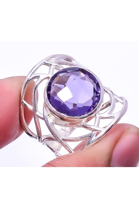 Iolite 925 Sterling Silver Handmade Solitaire Ring s.7.5 R7989-20, Christmas Gift, Gemstone Silver Jewelry, Iolite Ring, New Year Sale