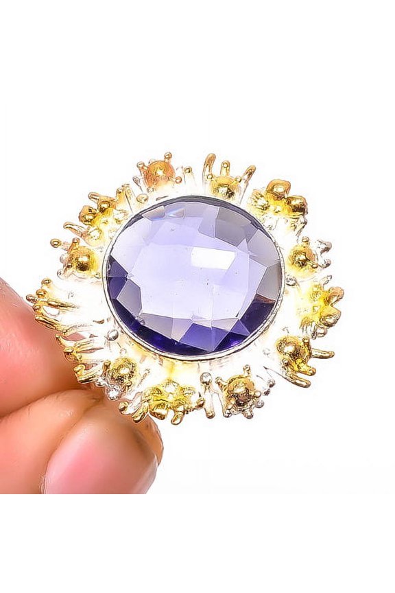 Iolite 925 Sterling Silver Two Tone Gold Plated Ring s.8 R1158-37, Christmas Gift, Gemstone Silver Jewelry, Iolite Ring, New Year Sale