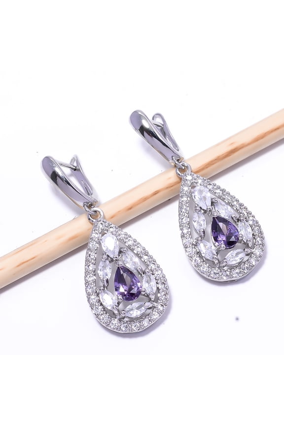 Iolite & Cubic Zirconia Gemstone 925 Sterling Silver Earring 1.64" E12 , New Year Gift, New Year Sale, Valentin's Day Gift