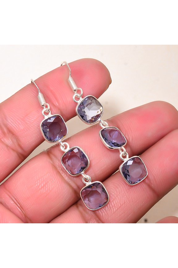 Iolite Gemstone 925 Sterling Silver Handmade Bezel Earring 2.11" E56
